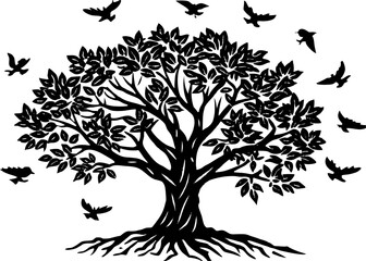 Obraz premium Silhouette of Tree with Birds in Flight