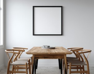 White room, wooden table, chairs, blank frame