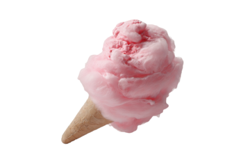 Whimsical pastel cotton candy ice cream scoop featuring swirled pink and blue soft-serve texture isolated on transparent PNG background for seamless cutout use in dessert packaging and menu design