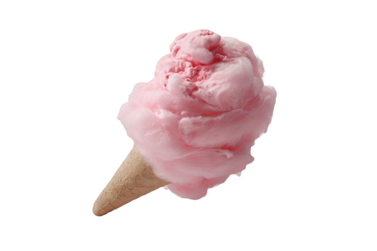 Whimsical pastel cotton candy ice cream scoop featuring swirled pink and blue soft-serve texture isolated on transparent PNG background for seamless cutout use in dessert packaging and menu design