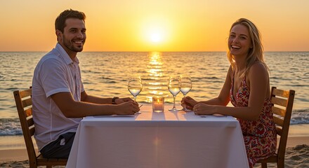 Romantic dinner at sunset beach