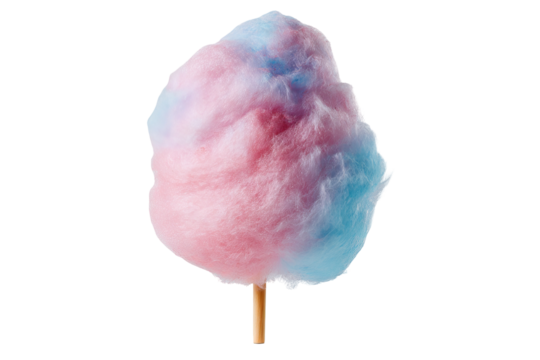 Whimsical pastel cotton candy ice cream scoop featuring swirled pink and blue soft-serve texture isolated on transparent PNG background for seamless cutout use in dessert packaging and menu design - Powered by Adobe