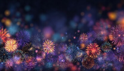 Colorful fireworks explode against a dark night sky, bokeh effect