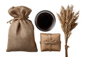 Natural burlap sack with grain small gift box and wheat stalks isolated on transparent background