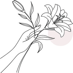 Minimalist Line Art Drawing of a Delicate Flower and a Cat Illustration