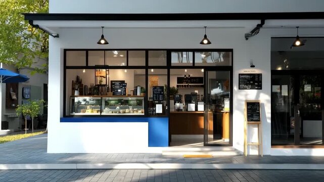 A modern bakery storefront with large glass windows and a clean exterior design