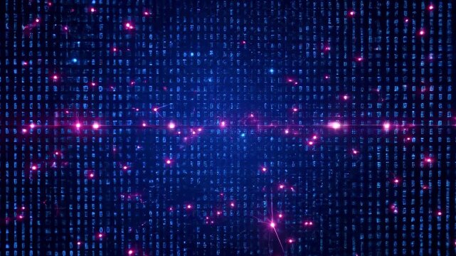 Abstract digital background featuring glowing binary code and vibrant particles, symbolizing technology