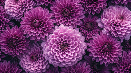 Deep purple dahlias create dramatic contrast with layered petals showing subtle color variations from light to dark purple.