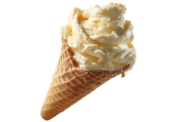 High-resolution creamy French vanilla ice cream scoop with gentle swirl and realistic texture isolated on transparent PNG background, ideal for seamless cutout use in dessert packaging, menu design