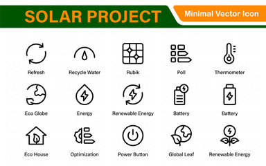 Solar panel color icon set with sun power photovoltaic (PV) home system and renewable electric energy technology glyph symbols: off the grid (OTG), inverter, charge controller, battery, meter.
