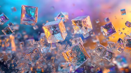 Naklejka premium Abstract iridescent cubes floating in a colorful explosion.