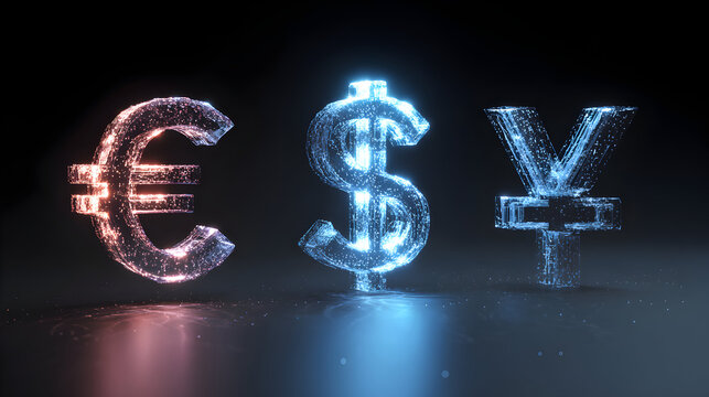 Digital rendering of euro, dollar, and yen currency symbols with particle effect