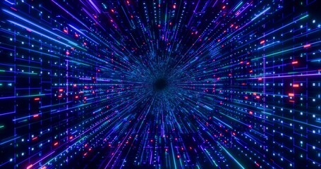 Obraz premium Futuristic glowing neon waving rays background. Shining geometric blue lines and grid inside corridor in perspective. Bright retro digital cyberspace. 3D rendering.