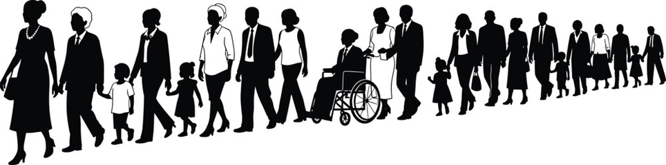Silhouette illustration of diverse family generations walking together, elderly, children, parents, unity concept, community, wheelchair inclusion, group diversity
