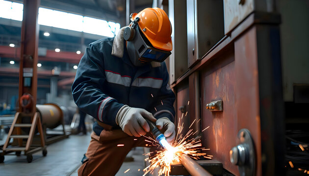 Man actively engaged in metalwork, focused on shaping a metal object using tools, highlighting industrial craftsmanship and manual labor