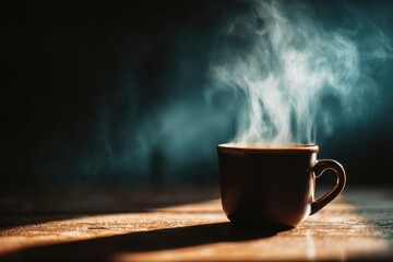 Steaming cup of hot beverage on a wooden surface