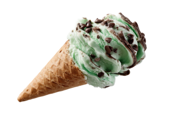 Creamy mint chocolate chip ice cream scoop studded with rich dark chocolate chips isolated on transparent PNG background perfect cutout element for dessert menus packaging digital art and summer brand