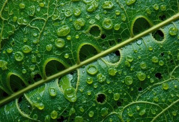 Green leaf with water droplets and holes