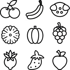 Bold Line Art Fruit Icons: Cherries, Banana, Pineapple, Pumpkin, Grapes, Strawberry, Apple,  Simple Graphic Design Elements.