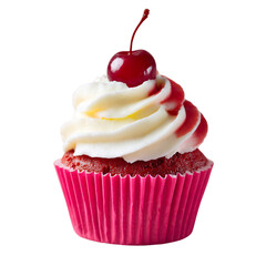 Delicious baked pink birthday cupcakes with red cherries and cream frosting isolated on transparent background