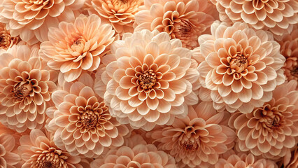 Peach toned dahlias and chrysanthemums mixed together in warm autumn color palette showcasing various flower types and textures.