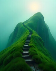 A stone staircase ascends a lush, green mountain peak, disappearing into the bright sun.