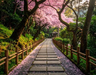 Obraz premium Serene Pathway Through Blooming Cherry Blossoms