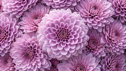Lavender purple chrysanthemums arranged densely with one prominent central bloom surrounded by smaller flowers creating focal point in composition.