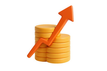 A graphic illustration of orange coins stacked with an upward trending arrow, symbolizing financial growth and success.