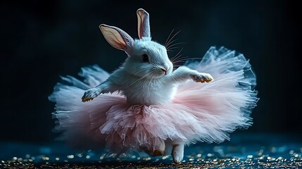 A miniature rabbit dressed in a tutu, in a graceful dance pose.