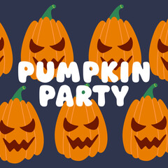 Vector Halloween illustration with repeating angry pumpkins and Pumpkin Party lettering. Spooky cartoon pattern perfect for greeting cards, posters, party invitations and seasonal backgrounds.