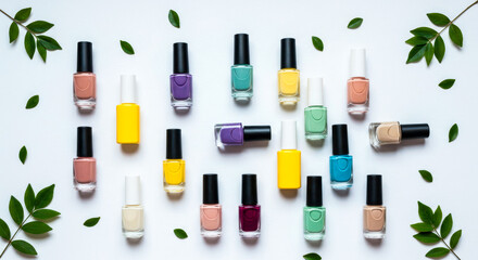 Obraz premium Colorful Nail Polish Bottles with Green Leaves on White Background