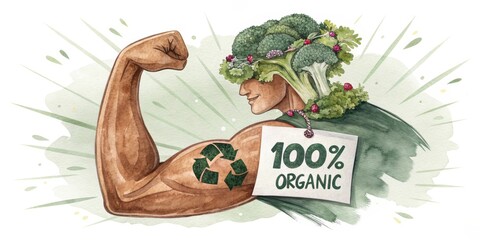 Strong arm with a vibrant garland of organic vegetables promoting healthy living and sustainability in an artistic depiction