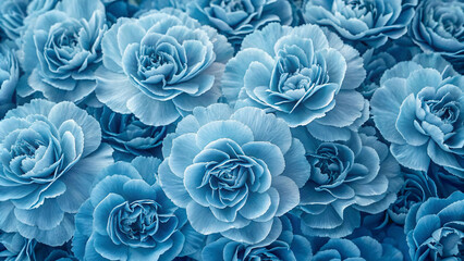 Cool blue carnations and ranunculus flowers in various shades of azure and sky blue creating a serene monochromatic arrangement.