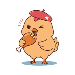 Cute Cartoon Chick in Beret Eating Chicken Leg  Funny Farm Animal Illustration
