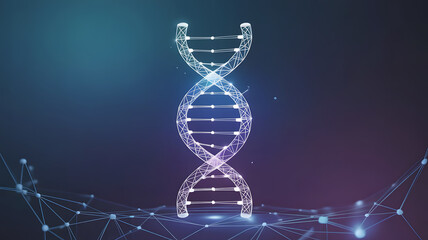Abstract glowing digital dna helix structure with interconnected nodes and particles on a dark blue background