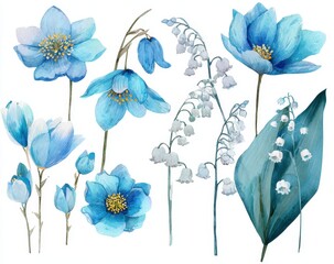 Set of light blue and white flowers