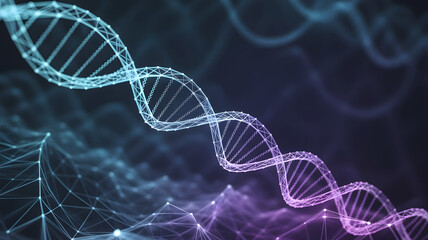 Abstract glowing dna double helix structure with interconnected nodes and lines against a dark background