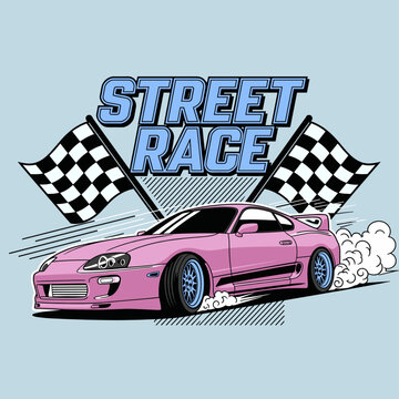 Drag racing lifestyle. Racing club vector t-shirt print design. Sport car print design for t shirt print, poster, sticker, background and other uses. Street Racing club. California street race design.