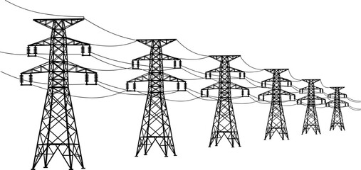 High voltage electricity transmission towers aligned in perspective, industrial powerline silhouette, energy infrastructure illustration, black and white vector artwork © Biplob Creatives
