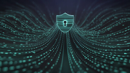 Digital shield with glowing keyhole protecting flowing lines of data and binary code in a futuristic network