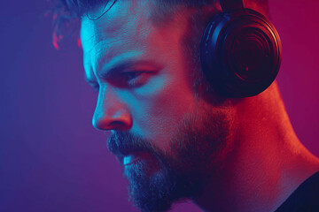 Focused bearded man wearing headphones in neon lighting