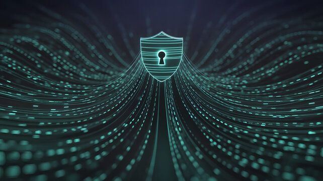 Digital shield with glowing keyhole protecting flowing lines of data and binary code in a futuristic network