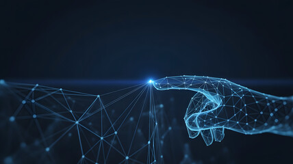 Futuristic glowing digital hand interacting with a complex neural network data visualization on a dark background