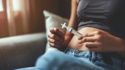 A pregnant woman calmly administering an insulin injection into her abdomen, highlighting the importance of maternal health and diabetes management during pregnancy.