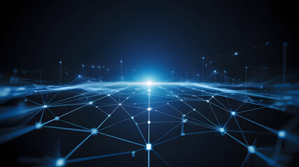 Abstract glowing blue digital network grid with bright light at the center on a dark background