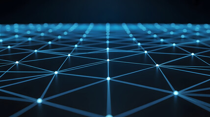 Abstract digital network of glowing blue nodes and connecting lines creating a futuristic technological grid pattern