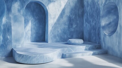 Abstract, light-filled, blue marble podium display.