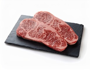 Two Raw Striploin Steaks on a Black Slate Serving Platter Ready for Cooking