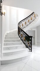Obraz premium Elegant, sweeping staircase with white marble and ornate black metal railing